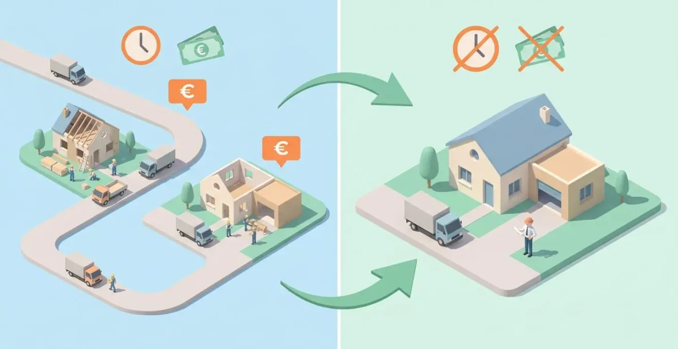 Illustration isométrique comparant deux parcours de projet immobilier : à gauche, un chemin long et coûteux avec rénovation et extension séparées