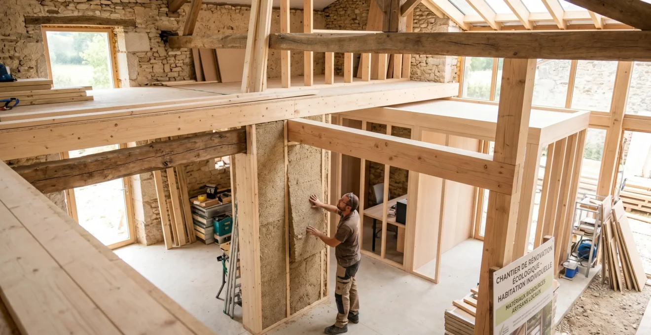 Chantier de rénovation montrant l'intégration de matériaux biosourcés avec isolation chanvre et poutres bois, espace de travail modulable en cours d'aménagement