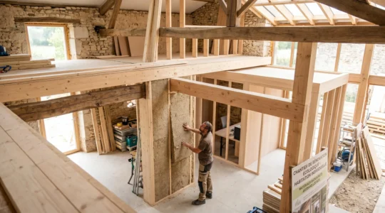 Chantier de rénovation montrant l'intégration de matériaux biosourcés avec isolation chanvre et poutres bois, espace de travail modulable en cours d'aménagement