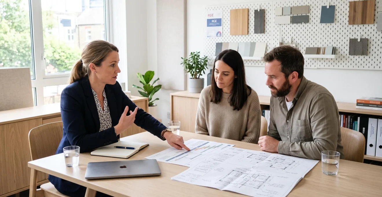 Conseillère en rénovation énergétique présentant planning phasage travaux à couple clients lors rendez-vous bureau, accompagnement projet