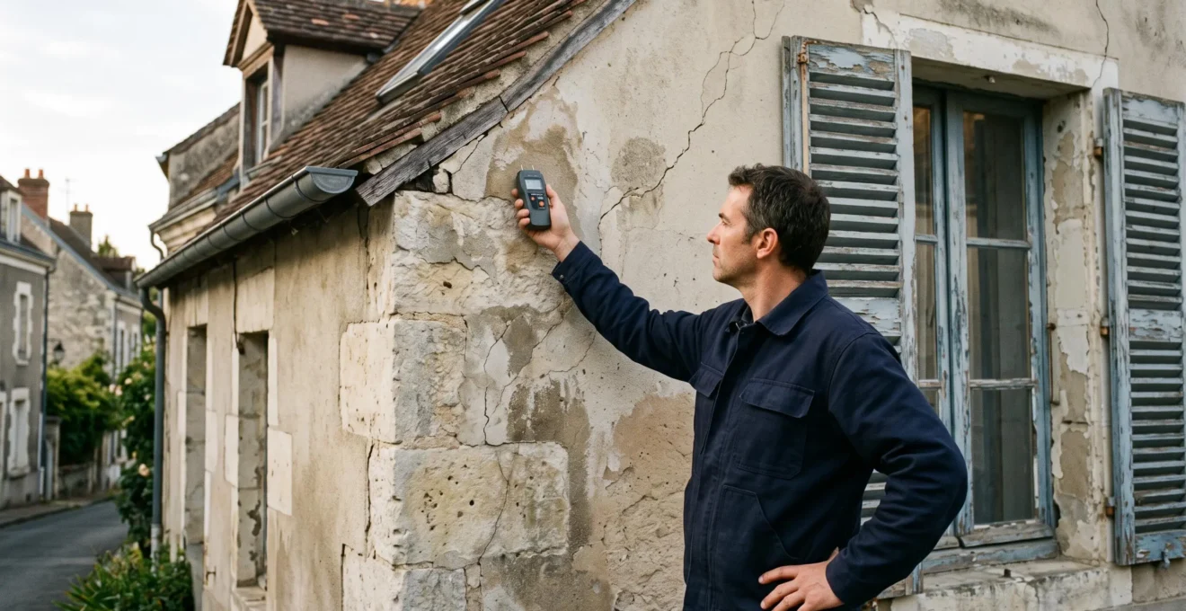 Diagnostiqueur du bâtiment inspectant la façade dégradée d'une maison ancienne en pierre avec humidimètre, contexte rénovation habitat France