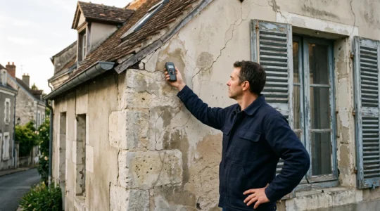 Diagnostiqueur du bâtiment inspectant la façade dégradée d'une maison ancienne en pierre avec humidimètre, contexte rénovation habitat France
