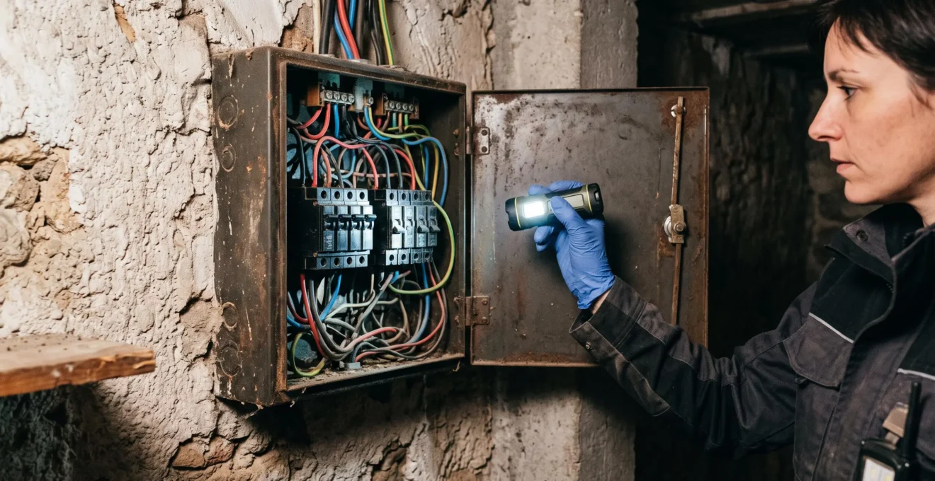 Diagnostiqueur inspectant tableau électrique ancien ouvert dans cave maison avec lampe torche, vérification conformité installation