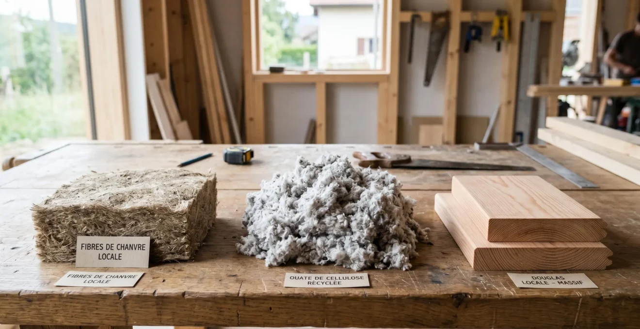Échantillons de matériaux biosourcés disposés sur établi : chanvre, ouate de cellulose et bois douglas local