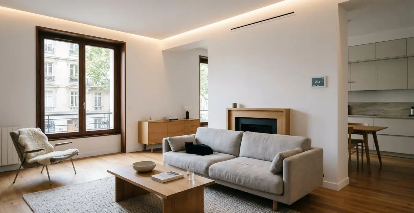 Intérieur contemporain avec domotique discrète : thermostat encastré, éclairage LED intégré, sans écrans apparents